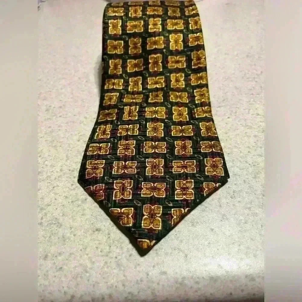 Robert Talbott Silk Necktie Green/Gold Square Print Handsewn - Picture 3 of 7